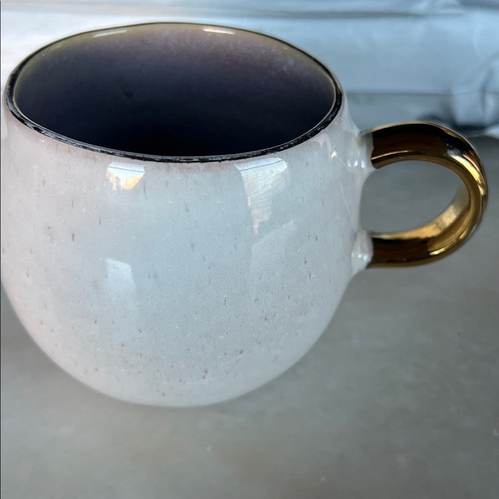 Anthropologie Perasima mug white opalescent ceramic with a gold handle and rim - Picture 11 of 13